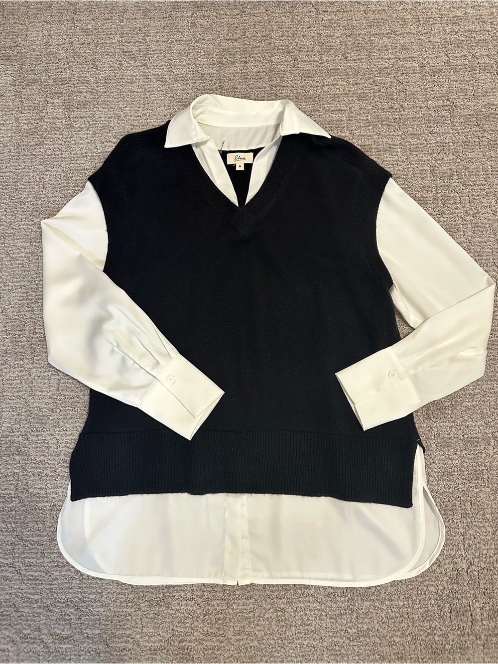 Elan Black V-Neck Knit Vest with Off White Satin Connected Shirt